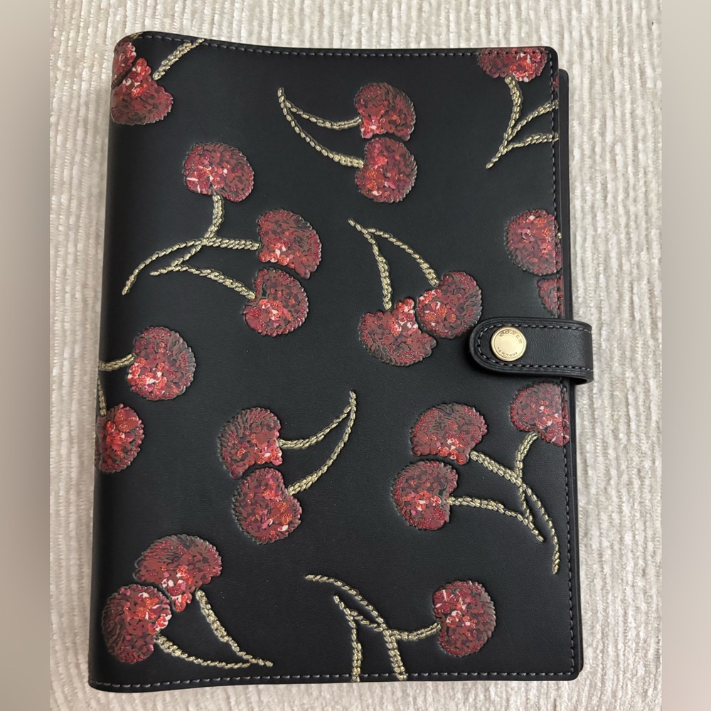 Coach Black Leather Notebook with Red Sequin Cherry Design